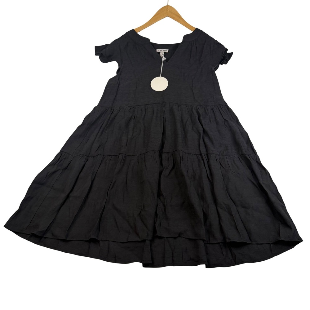 Macaron Black Tiered Babydoll Mini Dress V-Neck Flutter Sleeve Slub Size L